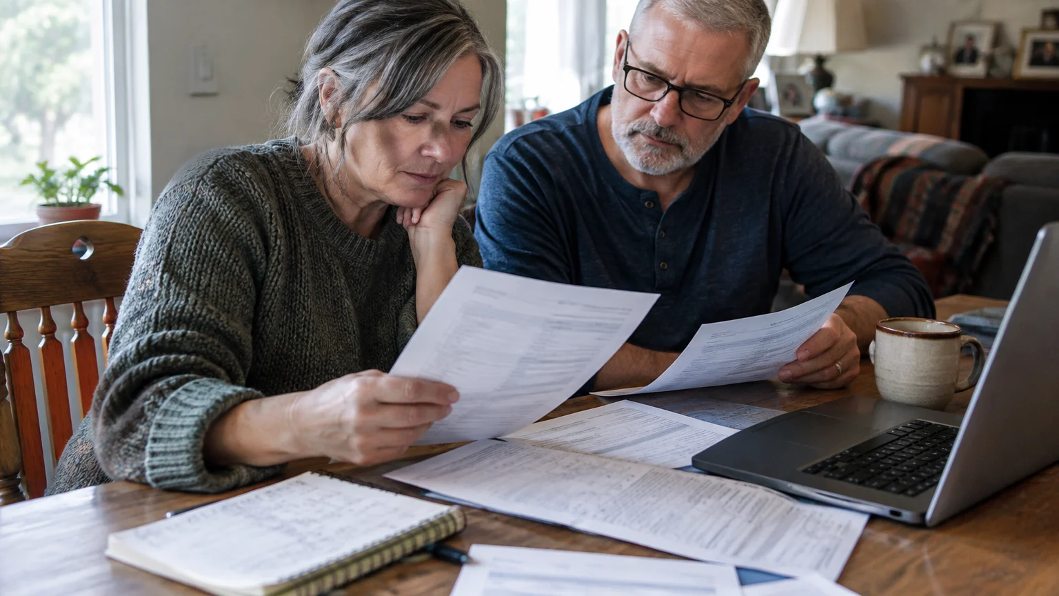 A mature couple sits at a wooden table reviewing printed financial documents alongside a laptop.