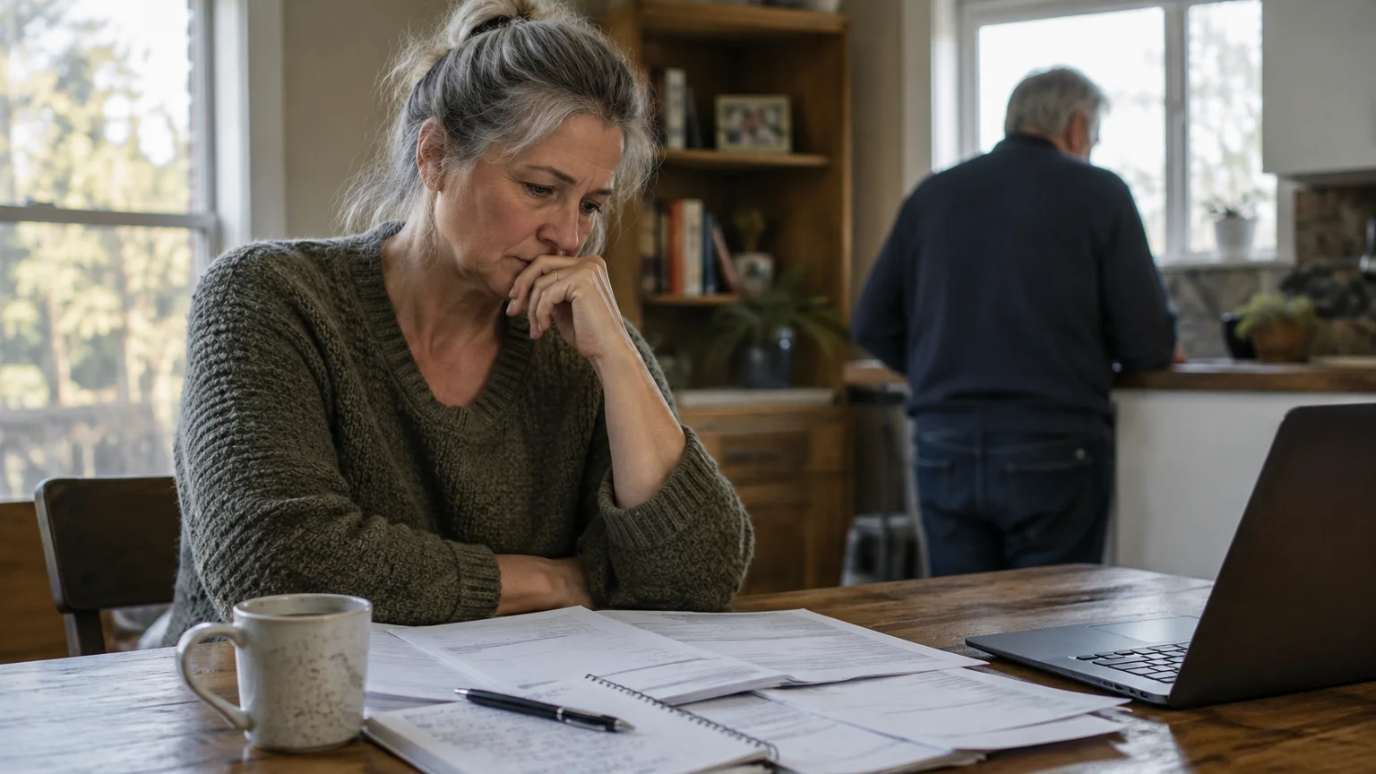 A woman sits thoughtfully at a table with paperwork and a laptop while a man stands in the background kitchen.