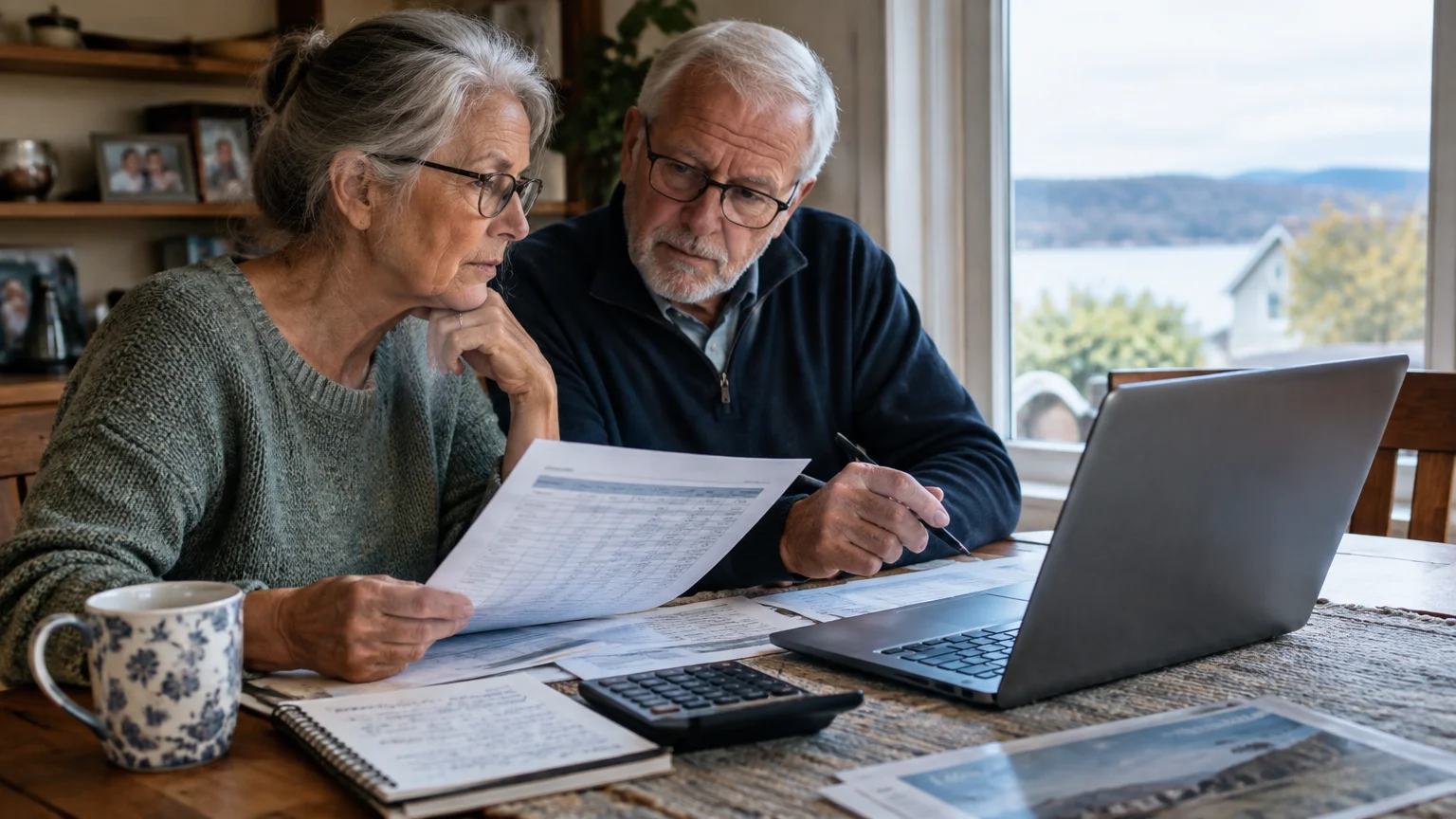 Senior couple sitting at a wooden table reviewing paperwork and looking at a laptop with a calculator nearby.
