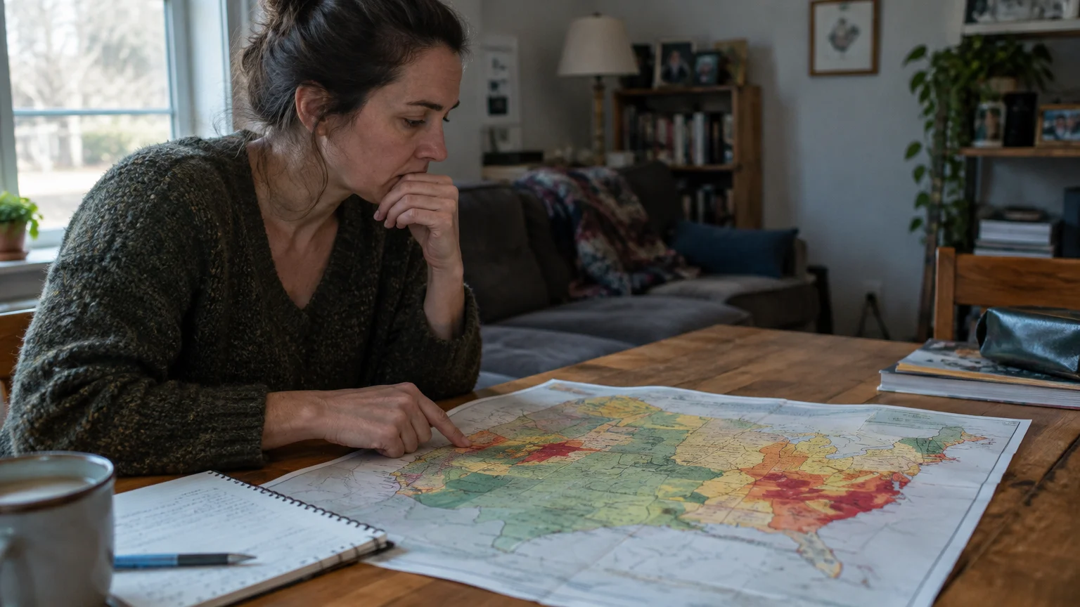 A woman sitting at a wooden table examines a colorful map of the United States with a notebook nearby.