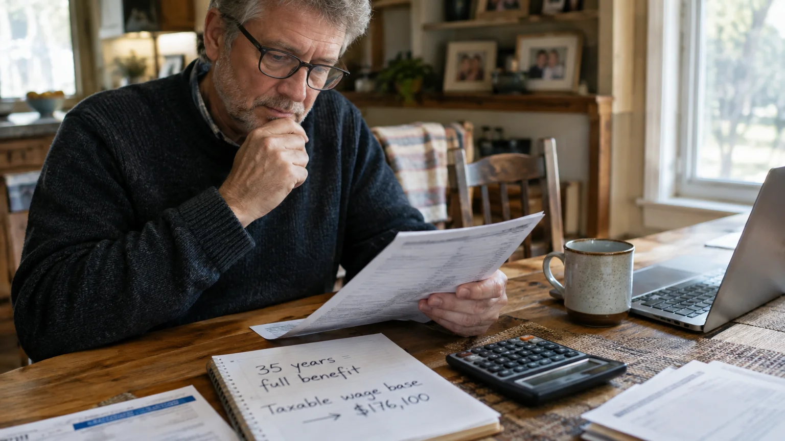 Man reviewing paperwork at a wooden table with a laptop, calculator, mug, and handwritten notes about benefits.