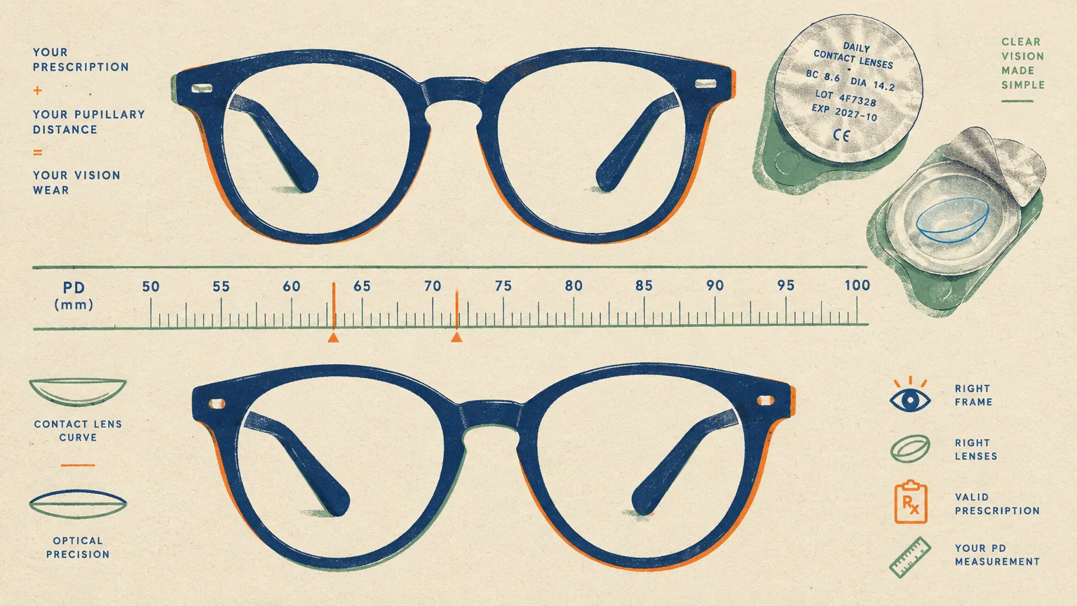 Illustration of eyeglasses, daily contact lenses, and a pupillary distance ruler marked in millimeters on beige paper.