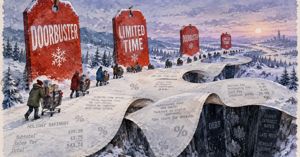 Shoppers push carts along a receipt-shaped snowy path lined with giant sale tags above a debt-filled chasm.