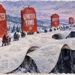 Shoppers push carts along a receipt-shaped snowy path lined with giant sale tags above a debt-filled chasm.
