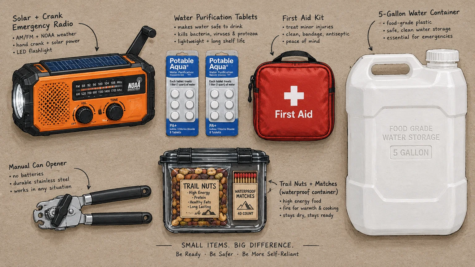 Emergency supplies including an orange crank radio, first aid kit, water jug, purification tablets, and a manual can opener.