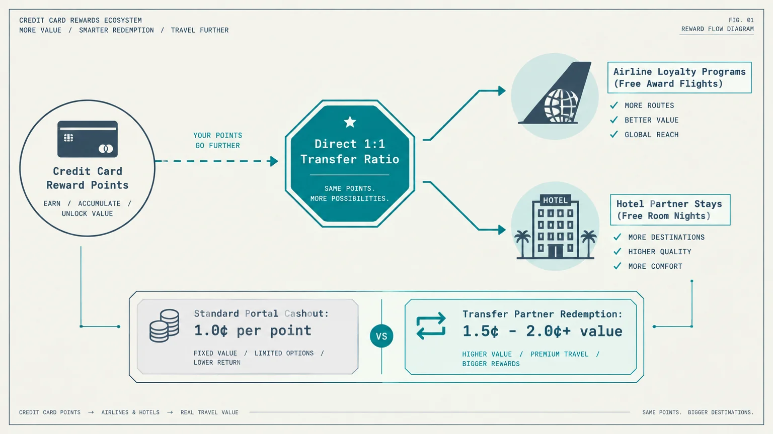 Diagram comparing standard portal cashout at 1.0 cent per point versus transfer partner redemption at 1.5 to 2.0+ cents.