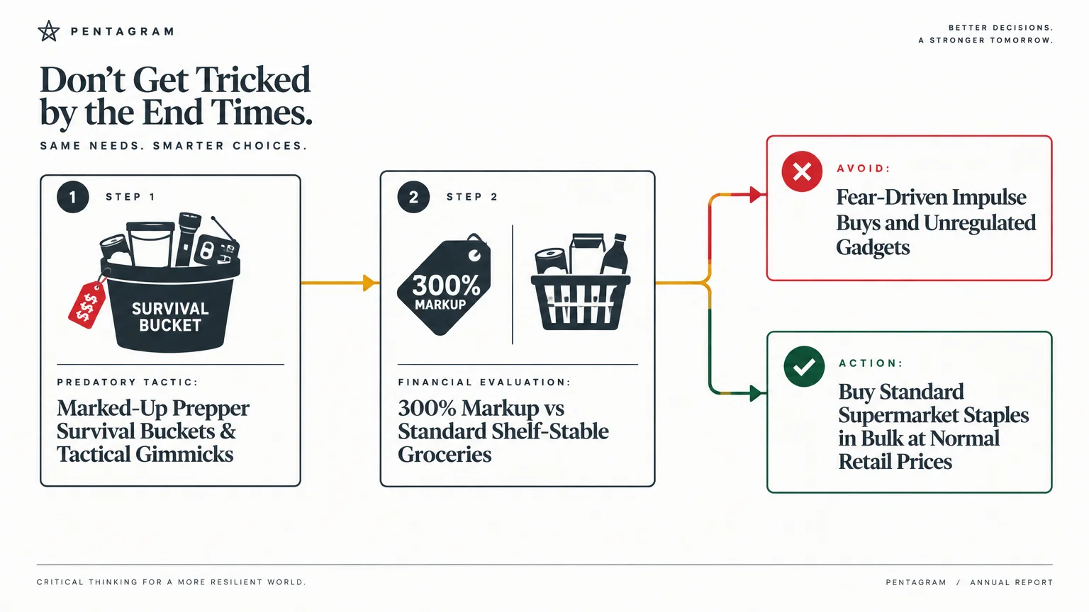 Diagram outlining two steps to avoid marked-up prepper survival buckets and instead buy standard bulk supermarket staples.