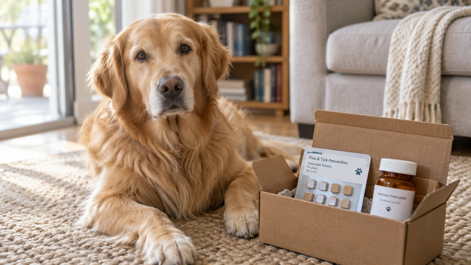 A golden retriever lies on a rug next to an open cardboard box containing flea chewables and a prescription bottle.