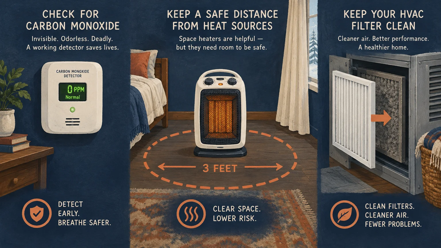 Three-panel graphic illustrating a carbon monoxide detector, a space heater with a three-foot clearance circle, and an HVAC filter.