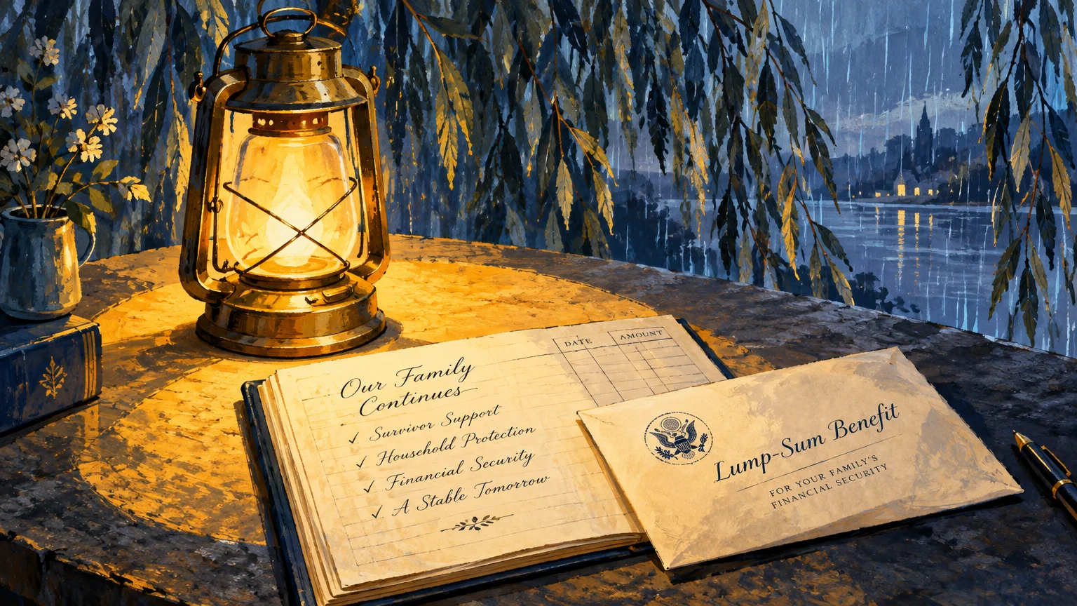 Illustration of an oil lantern illuminating a ledger and an envelope labeled Lump-Sum Benefit on a rainy balcony.
