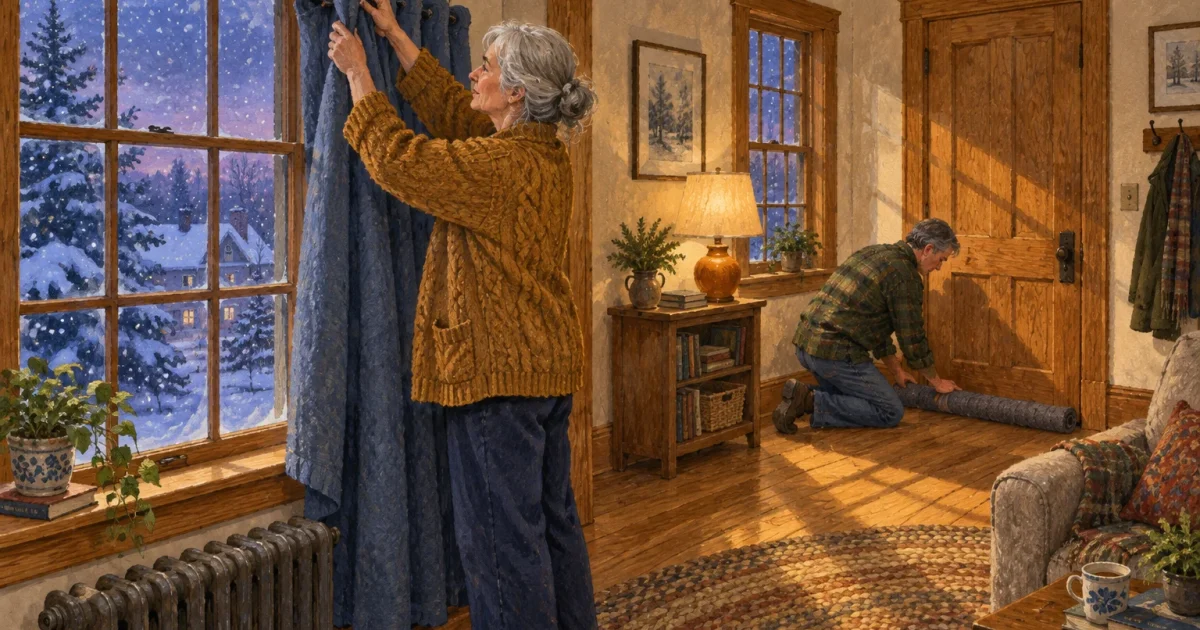 Illustration of an older couple winterizing a cozy home, hanging thick blue curtains and blocking drafts under a door.