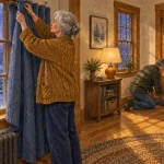 Illustration of an older couple winterizing a cozy home, hanging thick blue curtains and blocking drafts under a door.