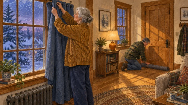 Illustration of an older couple winterizing a cozy home, hanging thick blue curtains and blocking drafts under a door.