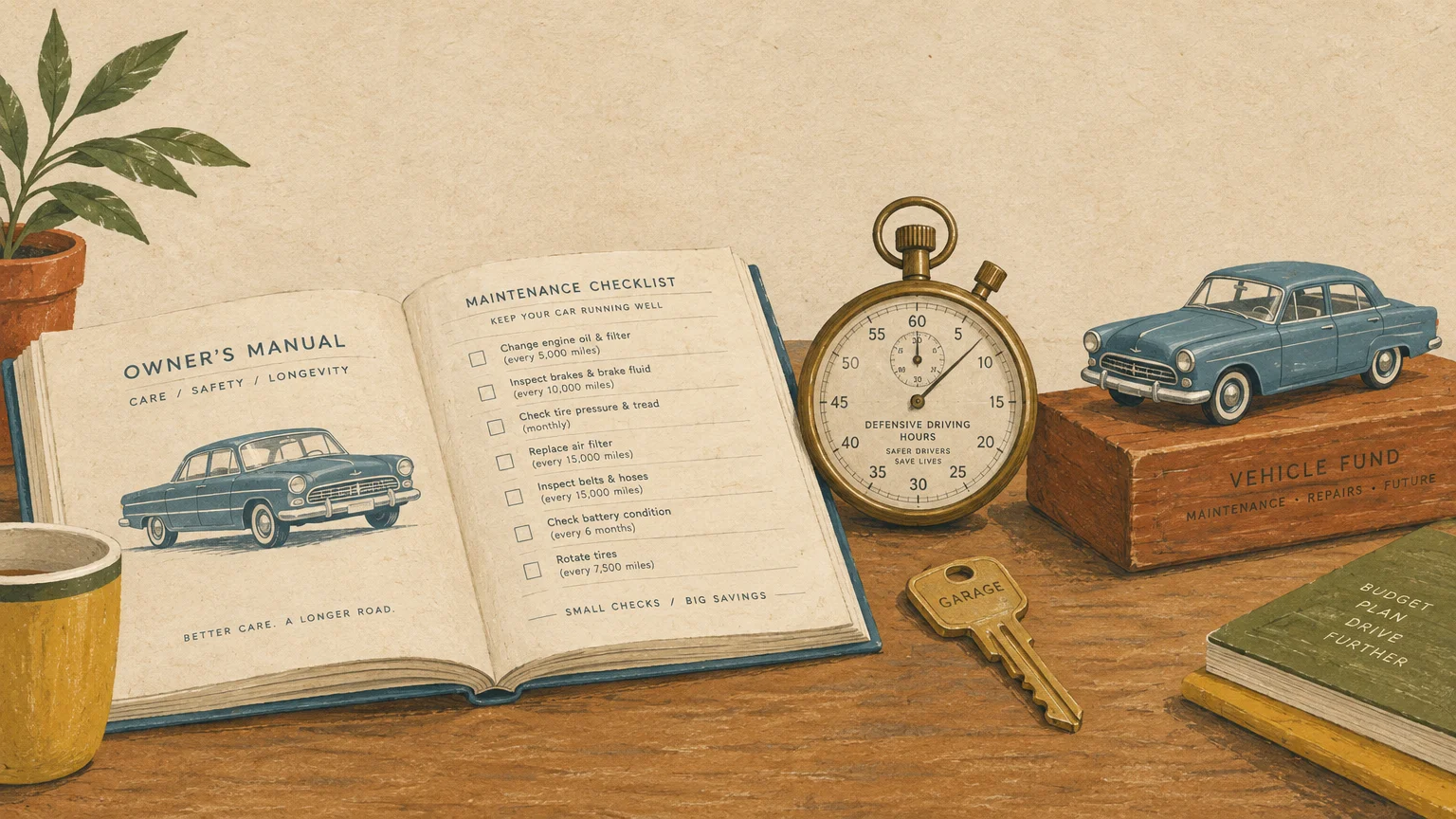 Desk illustration with an open car maintenance manual, a stopwatch, a key, and a blue model car on a wooden block.