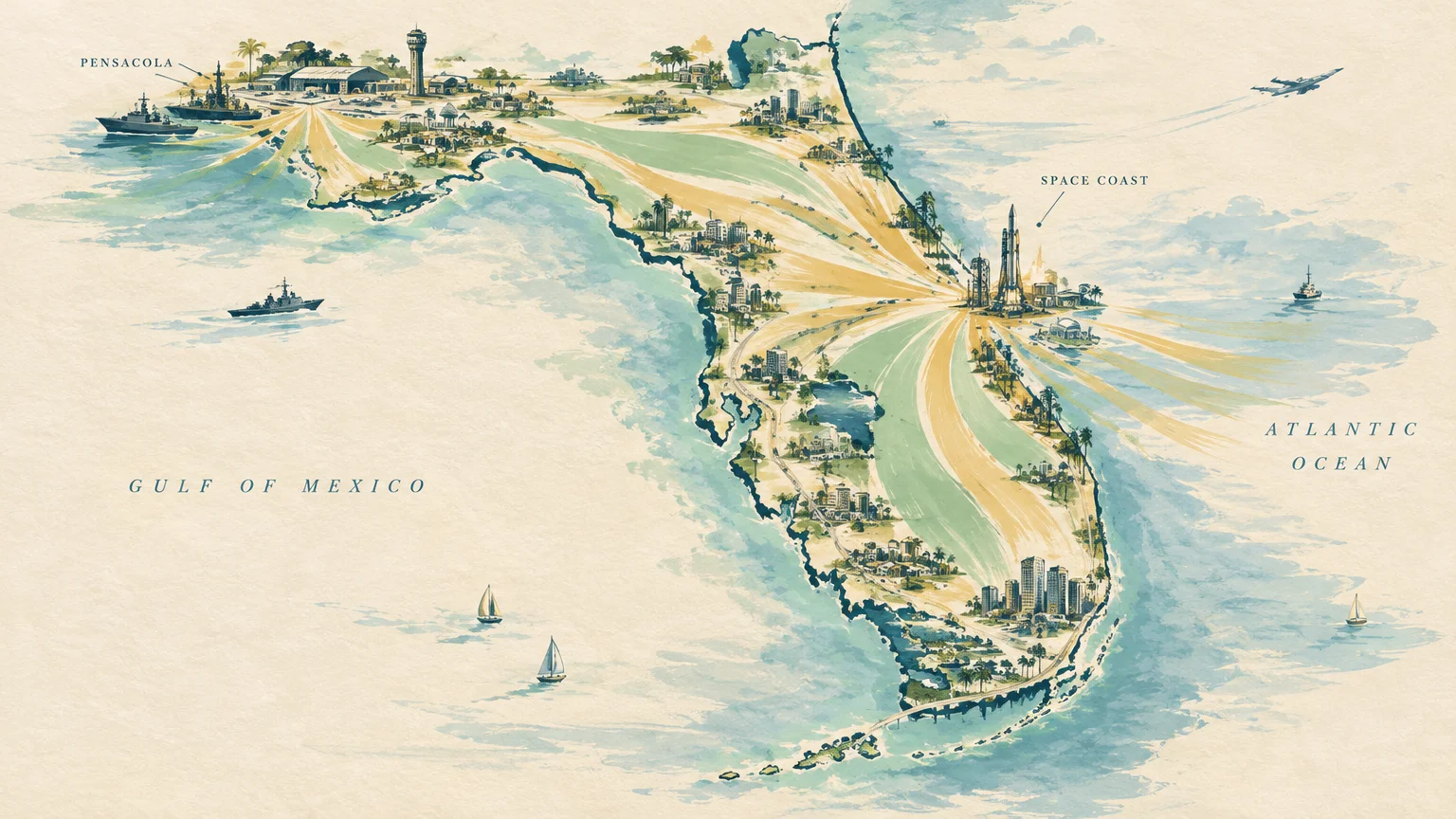 Illustrated map of Florida featuring Pensacola, the Space Coast rocket launch, naval ships, and radiant lines across the state.