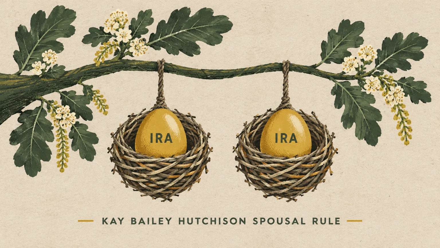Two bird nests hanging from a leafy branch, each holding a golden egg labeled IRA with text below reading spousal rule.