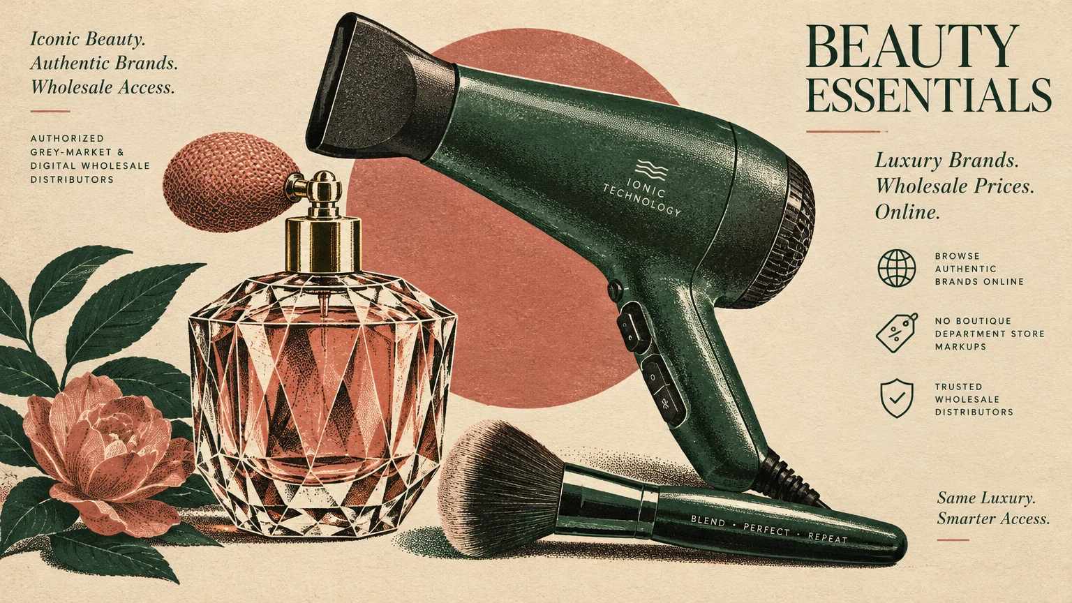 Vintage illustration of a green hair dryer, faceted perfume bottle with atomizer, makeup brush, and flower.