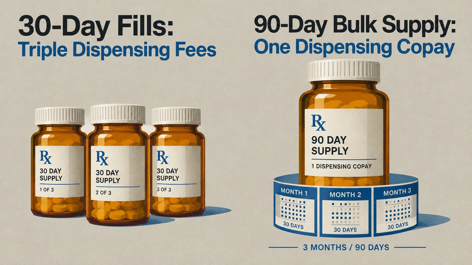 Illustration comparing three 30-day prescription pill bottles against a single large 90-day bulk supply bottle with calendar icons.