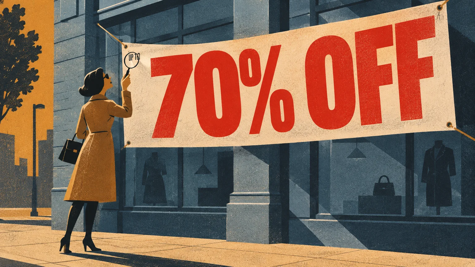 Illustration of a woman using a magnifying glass to read tiny text reading up to next to a giant 70% off sign on a store.