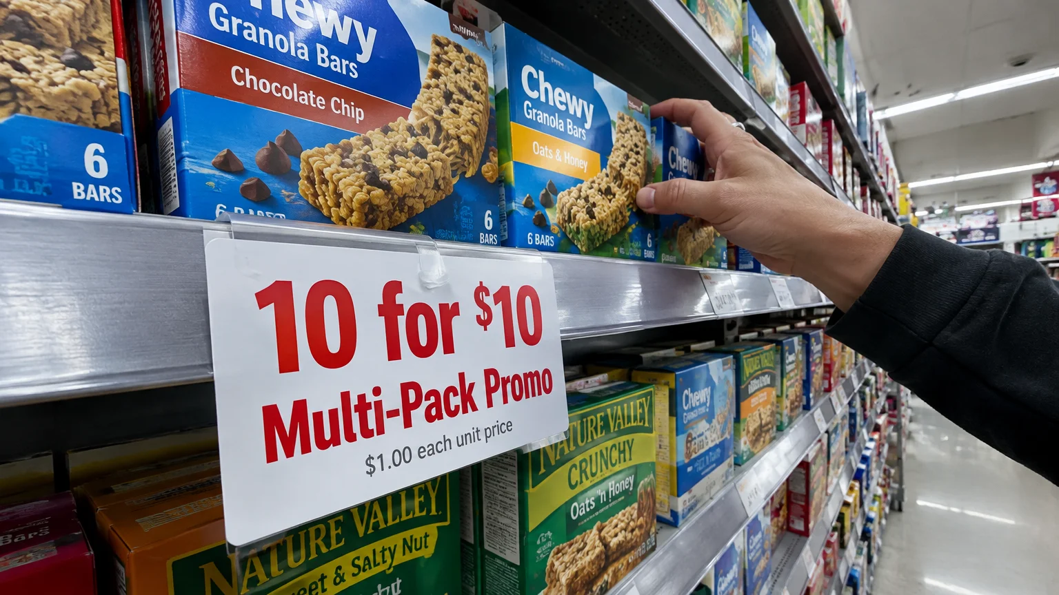 A shopper's hand selects a granola bar box above a shelf tag reading 10 for $10 Multi-Pack Promo, $1.00 each unit price.