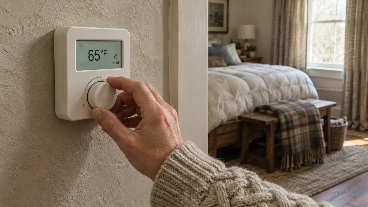 Hand in a knit sweater adjusting a digital wall thermostat set to 65 degrees, with a cozy bedroom in the background.