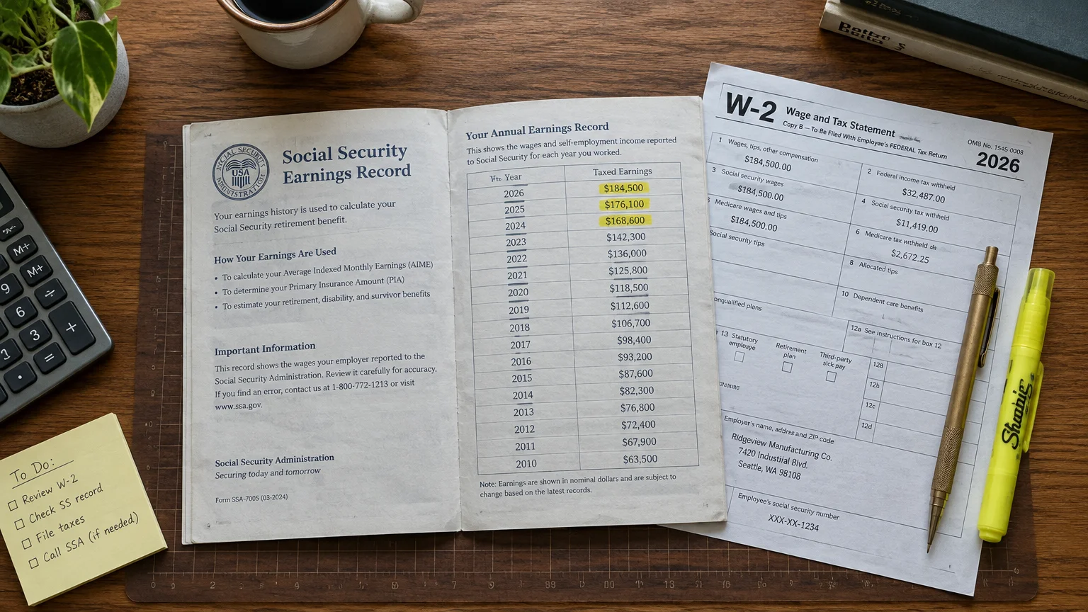 Social Security earnings record booklet beside a 2026 W-2 tax form, yellow highlighter, pen, and calculator on a desk.