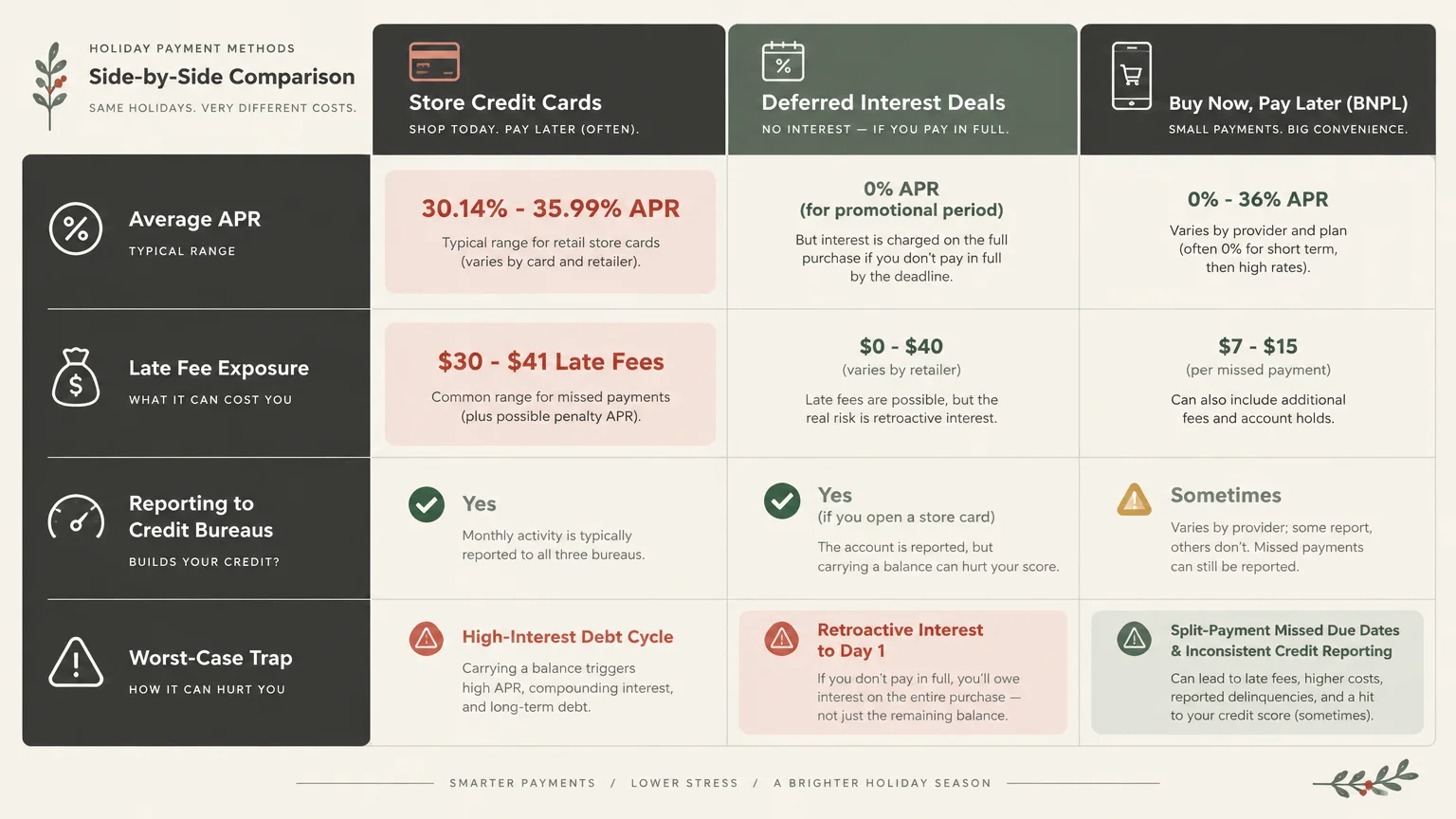 Comparison chart analyzing APR, late fees, credit bureau reporting, and worst-case risks for three holiday payment methods.