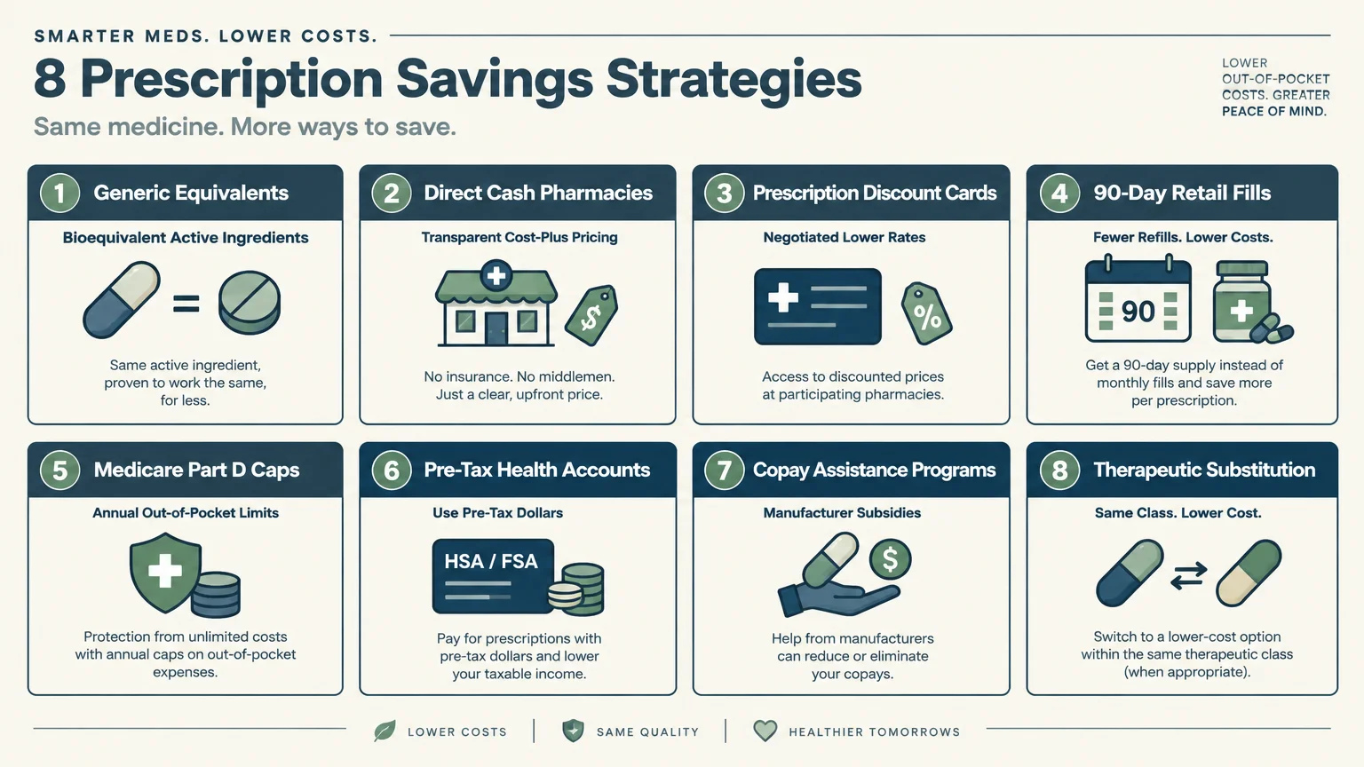 Infographic listing eight prescription savings strategies in numbered boxes with icons, titles, and brief descriptions.