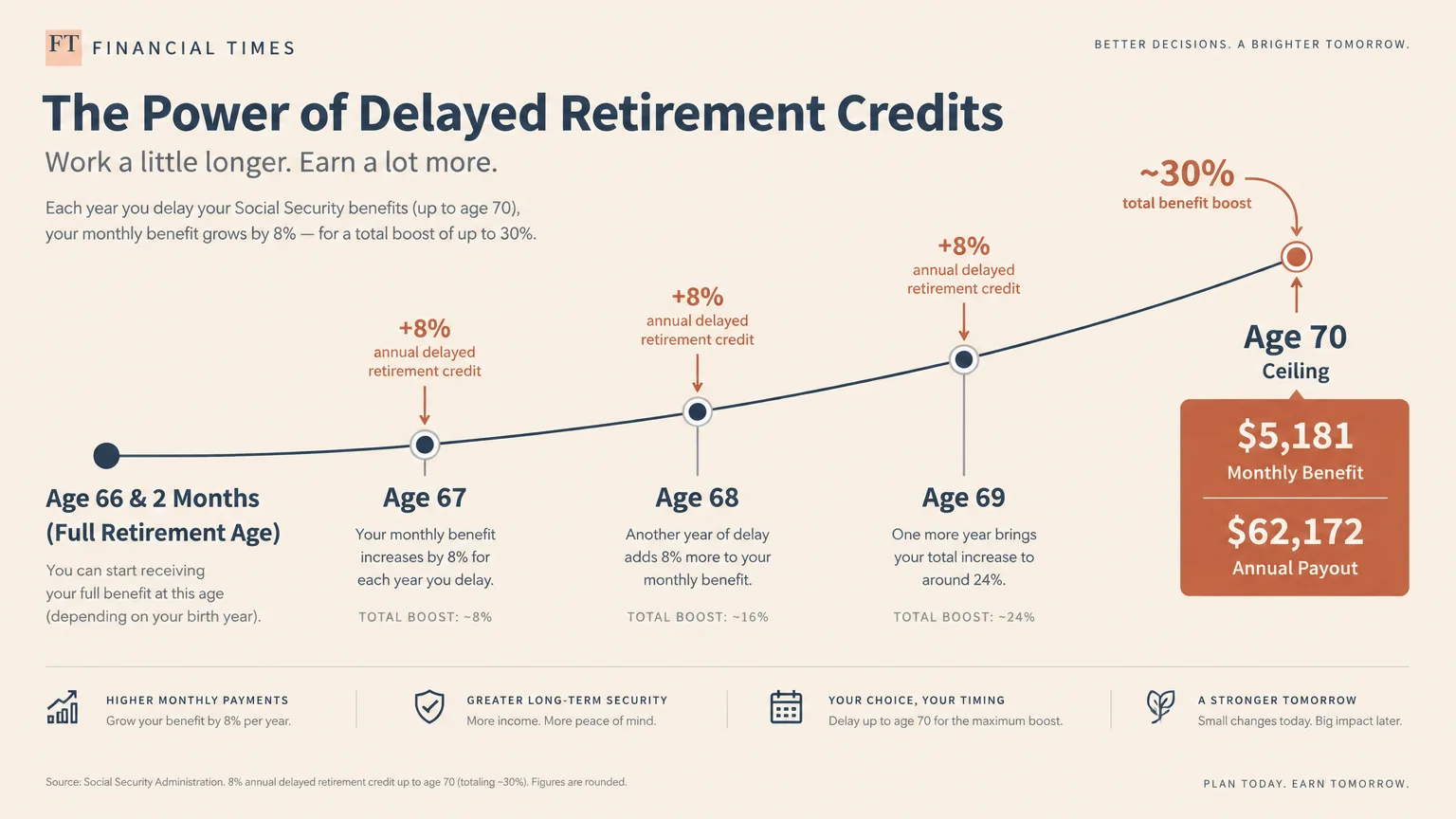 Chart showing delayed retirement credits rising from age 66 and 2 months to an age 70 ceiling of $5,181 monthly.