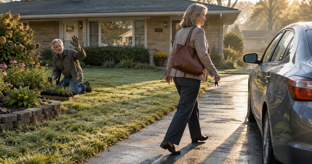 A man gardening on the lawn waves goodbye to a woman carrying a work bag and walking to her car in a driveway.