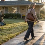 A man gardening on the lawn waves goodbye to a woman carrying a work bag and walking to her car in a driveway.