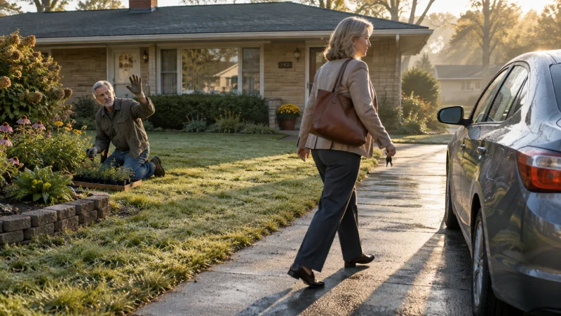 A man gardening on the lawn waves goodbye to a woman carrying a work bag and walking to her car in a driveway.