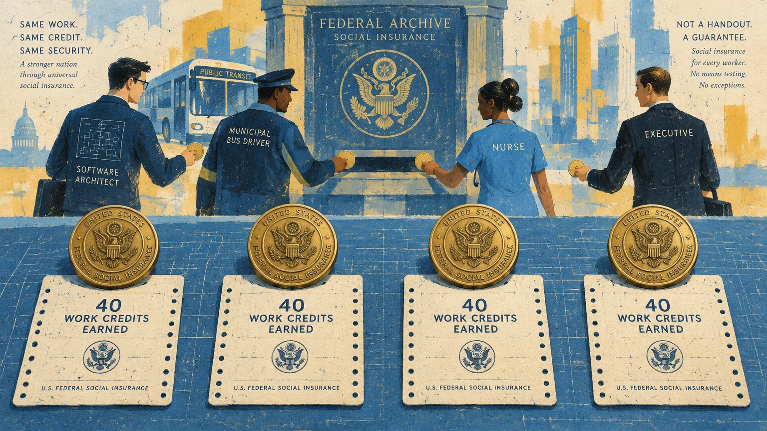 Illustration of four workers inserting coins into a federal archive wall above cards reading 40 work credits earned.