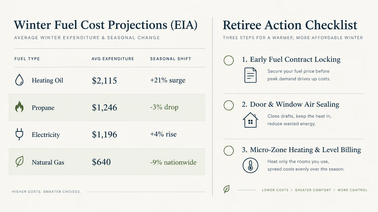 Graphic showing winter fuel cost projections for four fuels beside a three-step retiree action checklist.