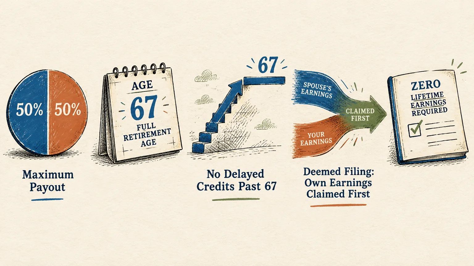 Illustrated icons explaining spousal benefits, including a 50 percent pie chart, age 67 calendar, and notepad.