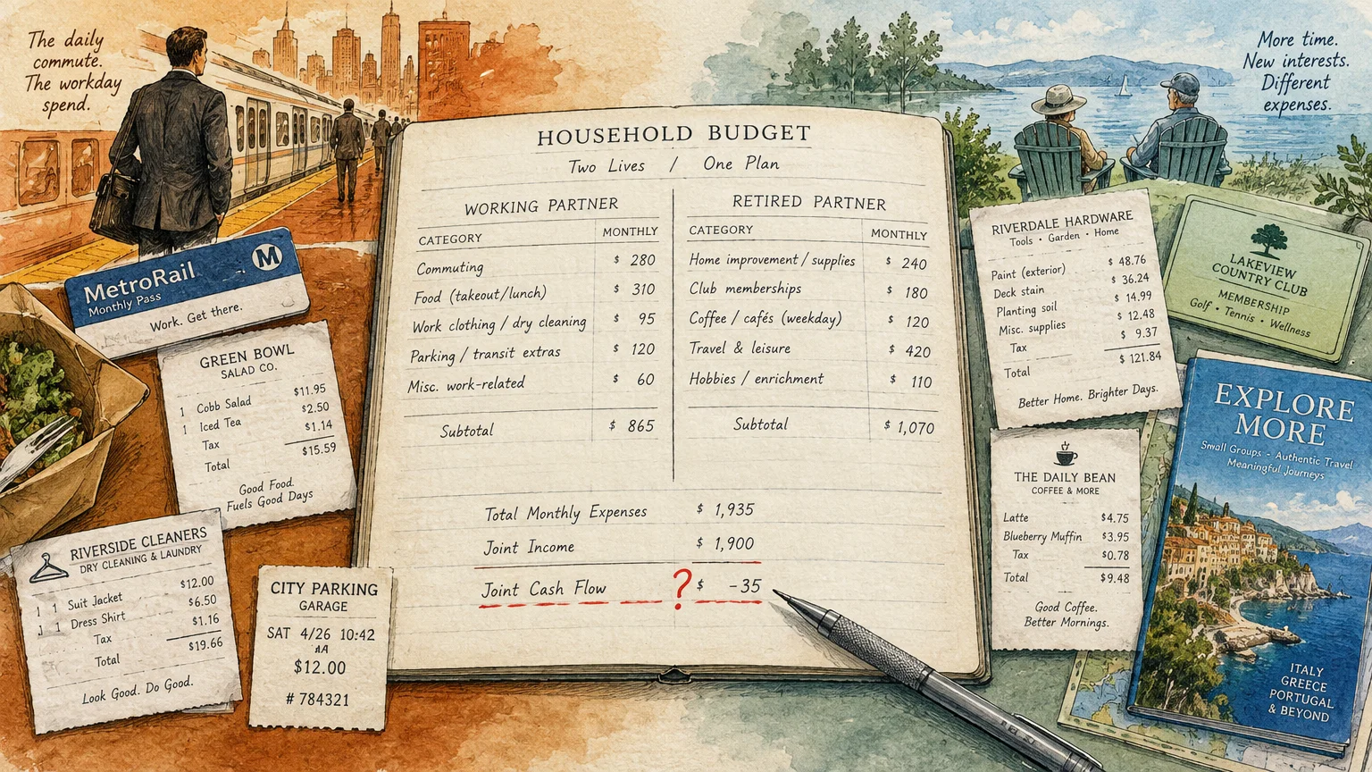 Split illustration of a commuter and lake scene flanking an open budget notebook comparing monthly partner expenses.