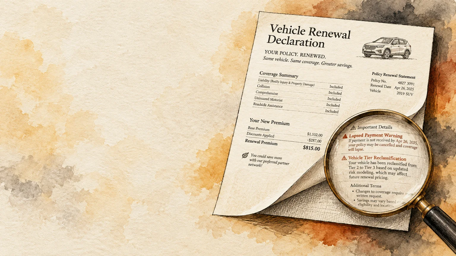 Illustration of a vehicle renewal declaration with a magnifying glass highlighting warning notes on watercolor paper.