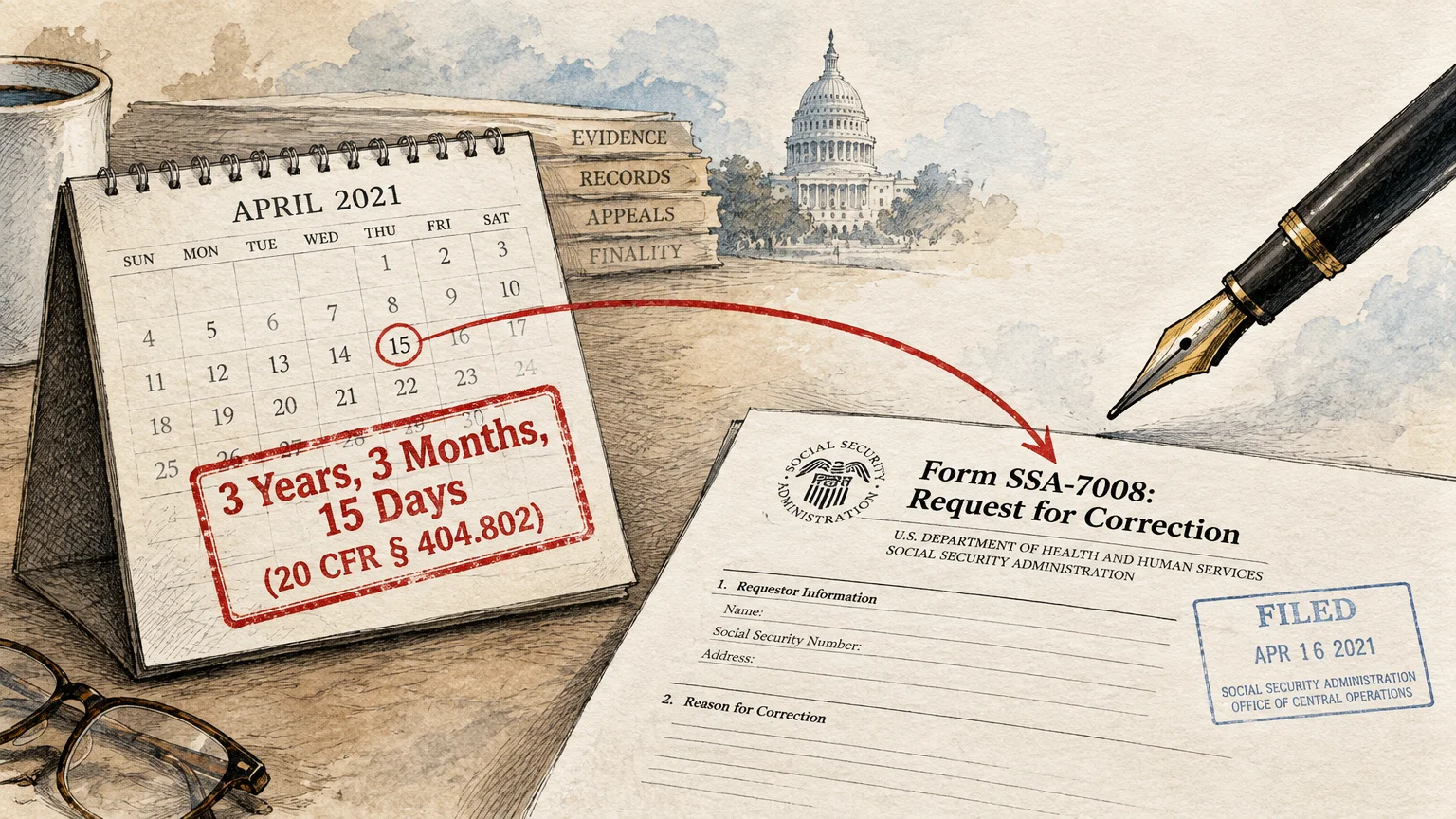 Illustration of an April 2021 calendar, a fountain pen, and a Social Security Form SSA-7008 request for correction.
