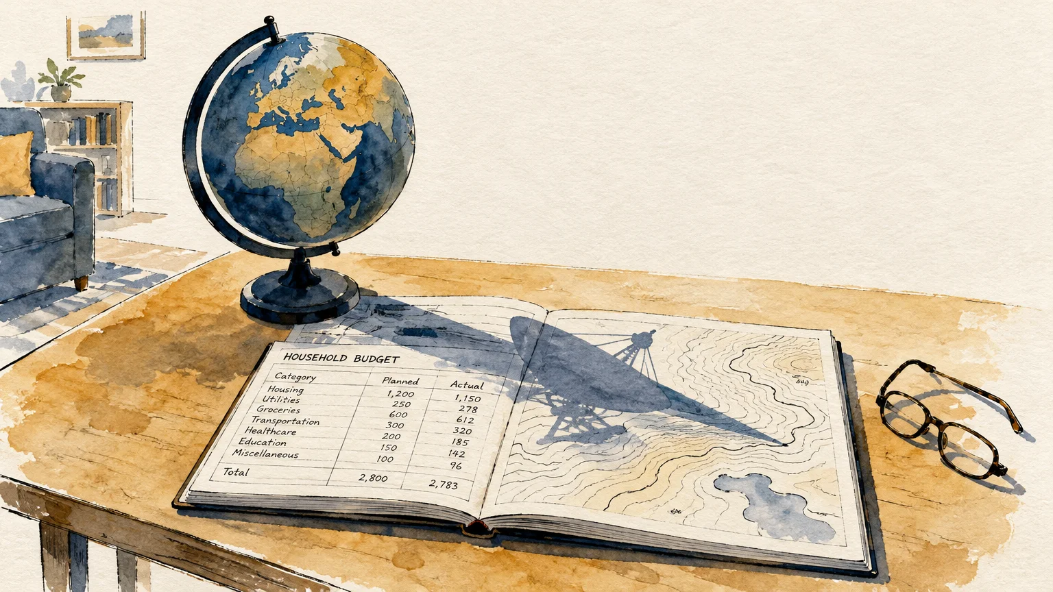 Watercolor illustration of a desk with a globe, eyeglasses, and an open book casting a radar dish shadow over a budget ledger.