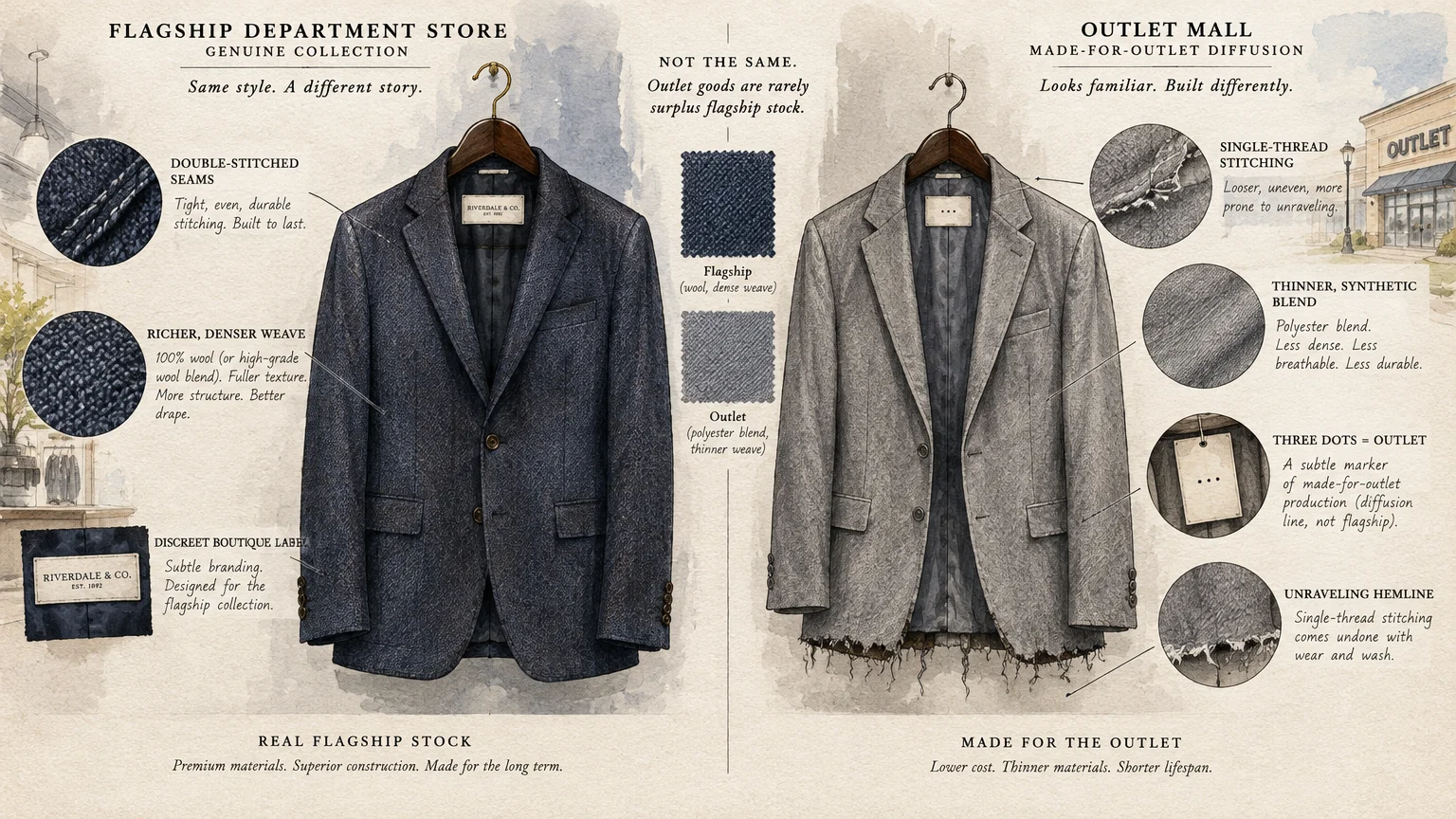 Side-by-side comparison illustration of a high-quality flagship blazer and an inferior made-for-outlet jacket.