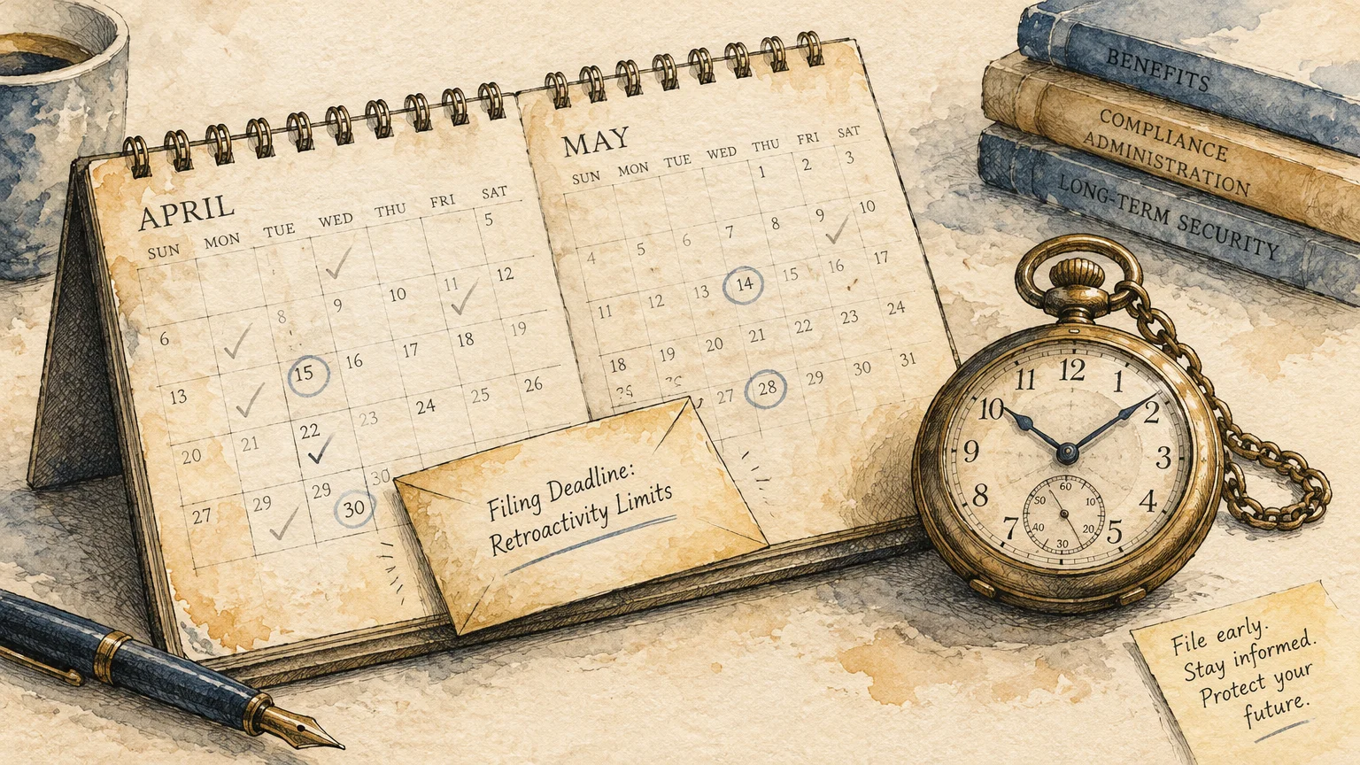 Watercolor illustration of a desk calendar open to April and May, a vintage pocket watch, books, and an envelope.