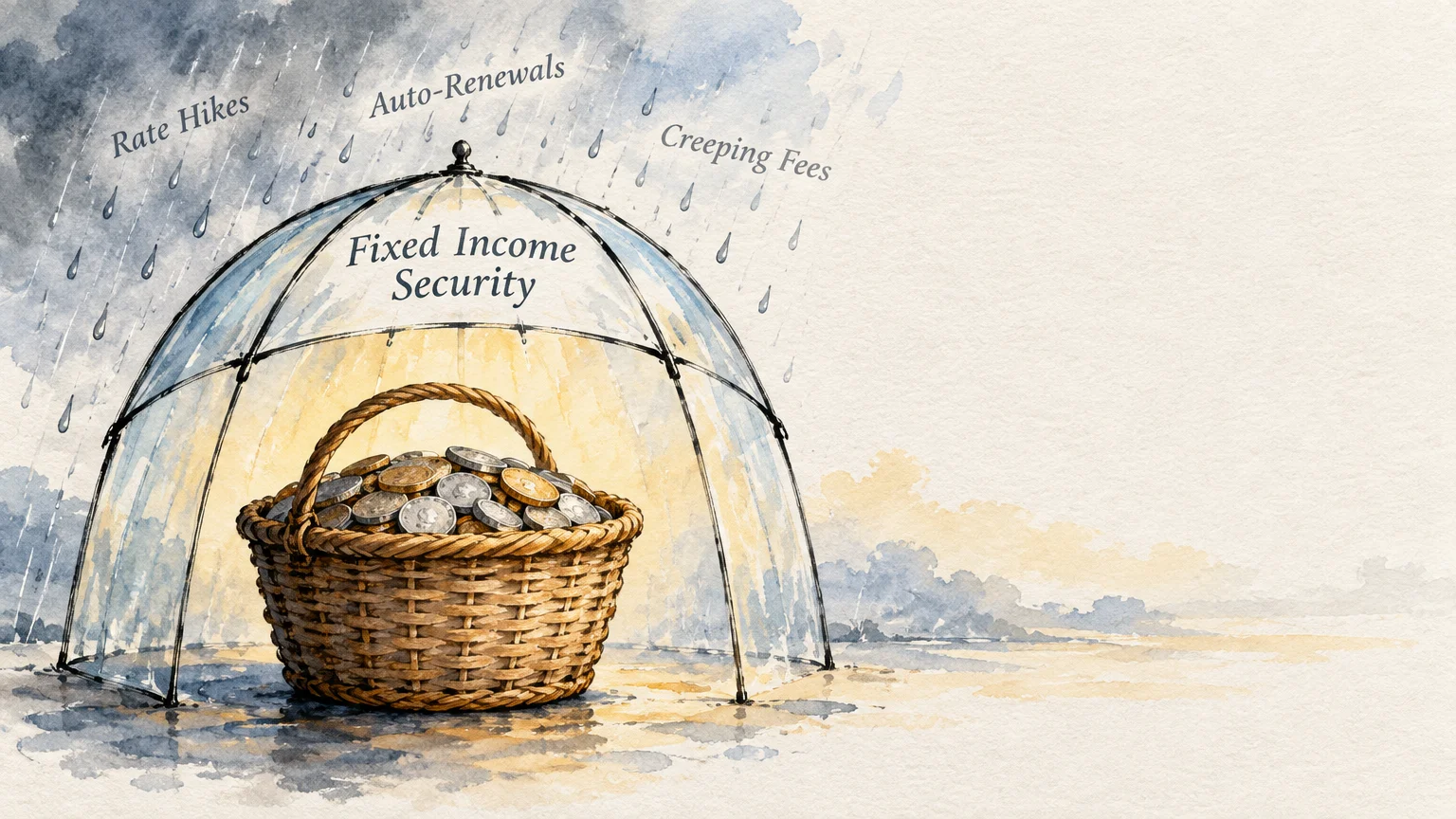 Coins in a woven basket protected under a clear umbrella labeled Fixed Income Security from rain labeled Rate Hikes.