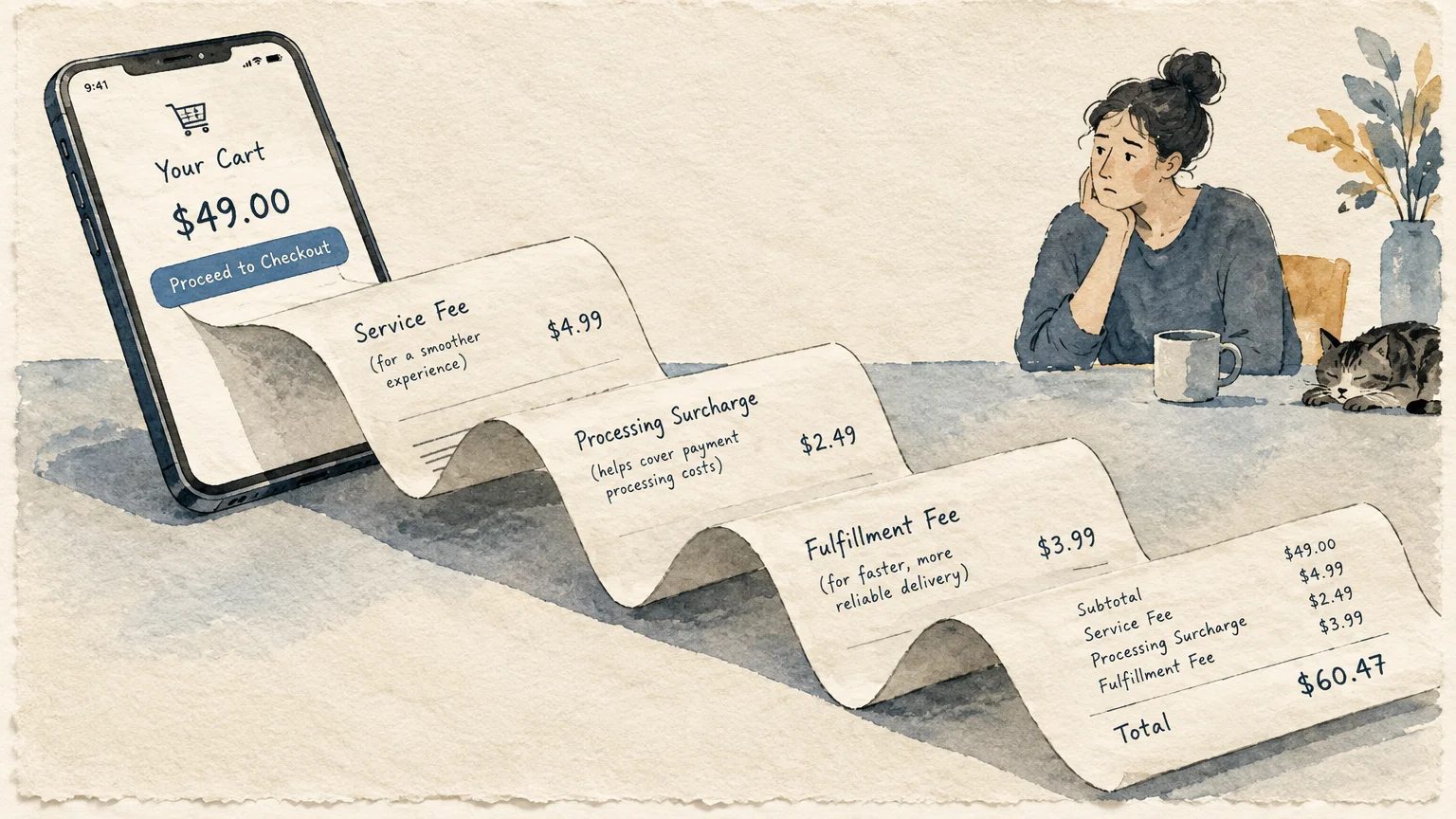 Watercolor illustration of a smartphone spewing a long receipt with extra fees beside a dismayed woman.