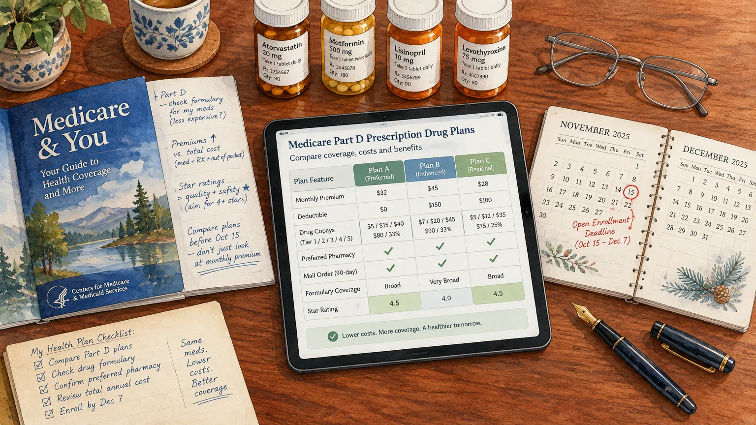 Tablet comparing Medicare Part D plans beside pill bottles, a calendar, notebook, and glasses on a wooden desk.
