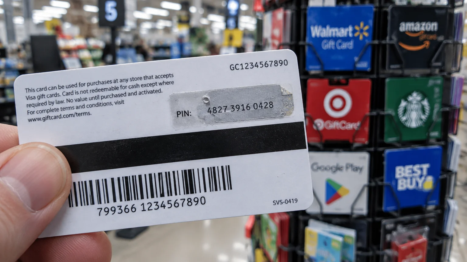 Hand holding the back of a gift card with a peeled PIN sticker in front of a retail gift card rack.