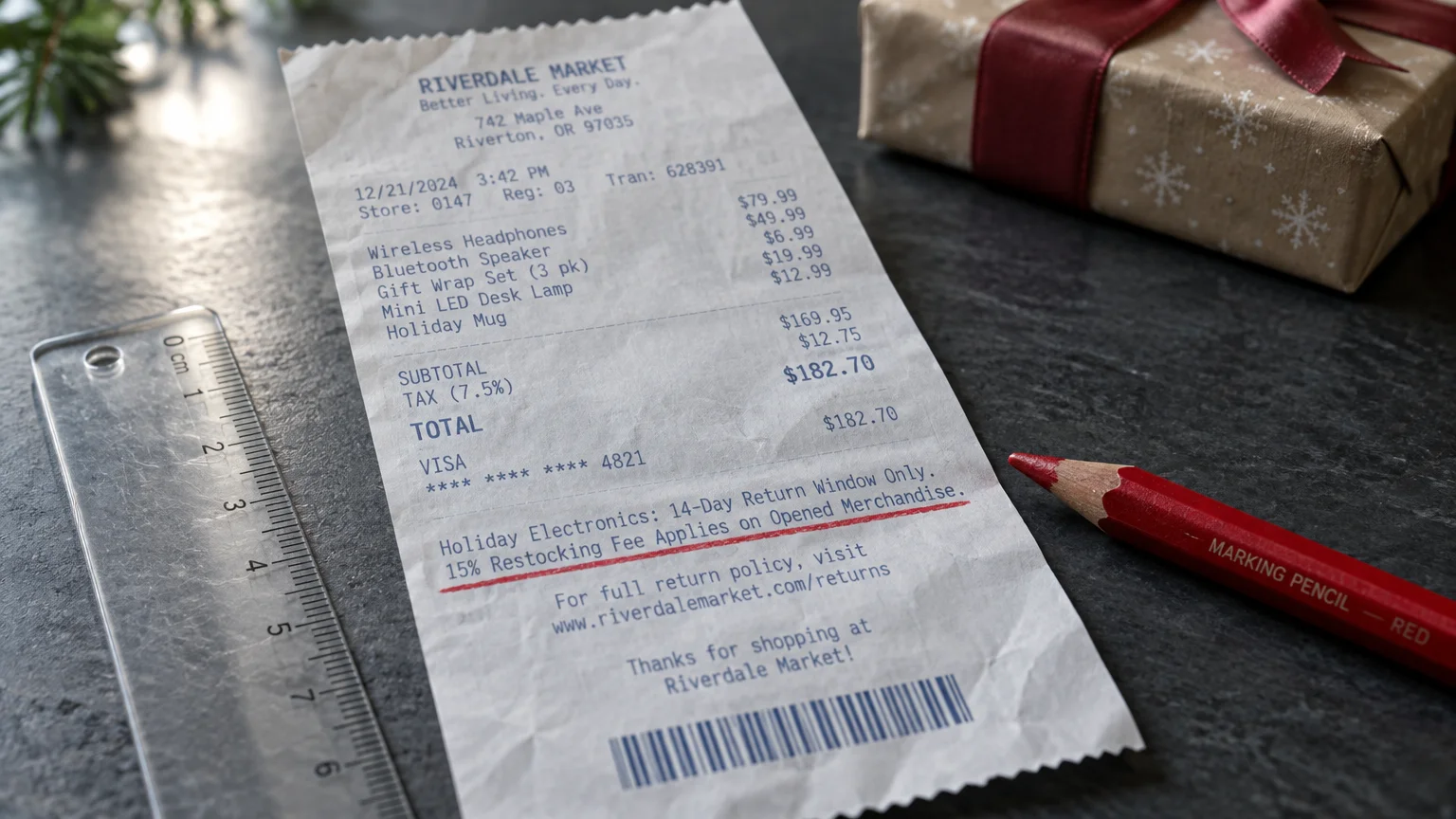 Store receipt next to a red marking pencil with text underlined noting a 14-day return window and 15% restocking fee.