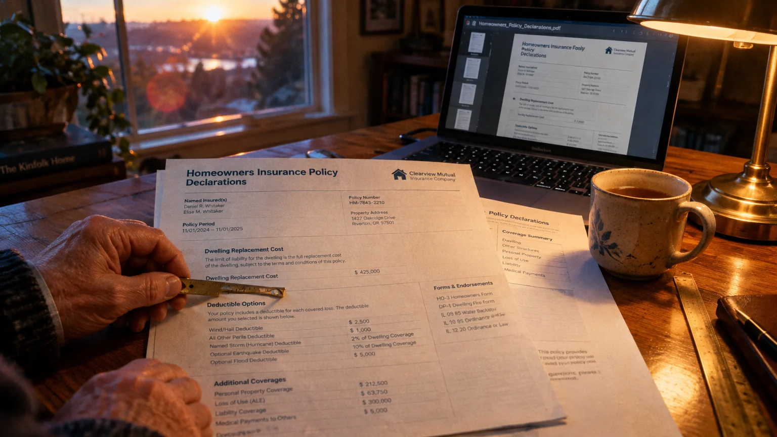 A person reviewing a printed homeowners insurance policy declarations page on a wooden desk next to a laptop.