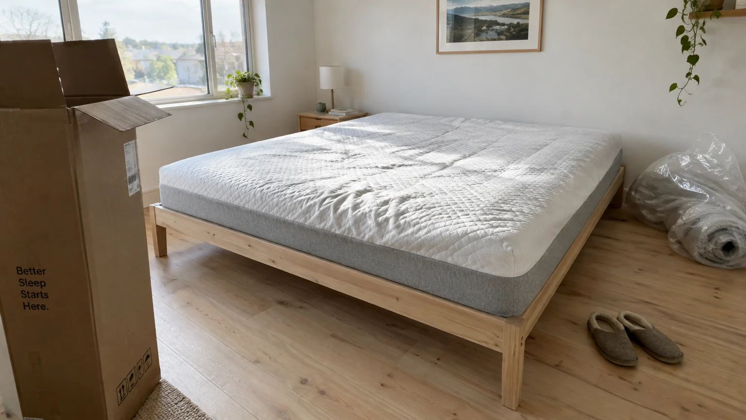 Unboxed mattress expanding on a wooden bed frame beside a cardboard shipping box in a sunlit bedroom.
