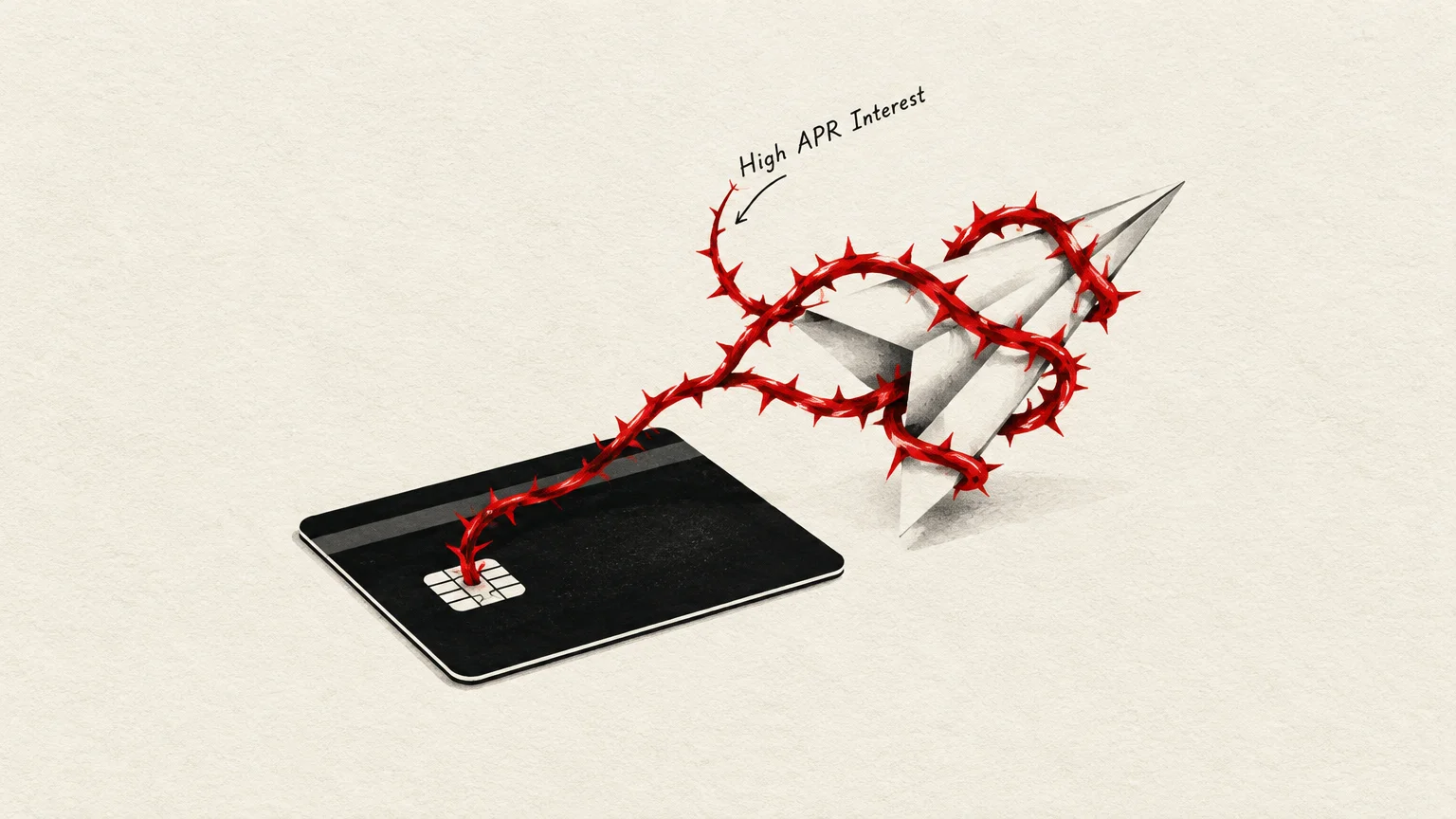 Illustration of a red thorny vine growing out of a credit card chip and entangling a paper airplane.