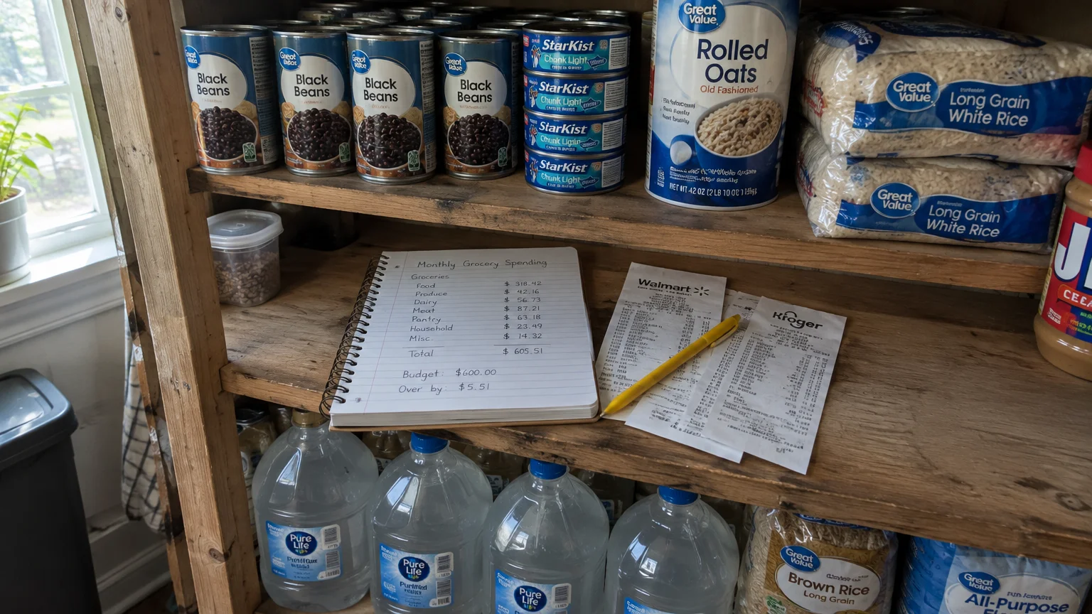Wooden pantry shelves stocked with canned goods, bottled water, rice, and an open notebook tracking monthly grocery spending.